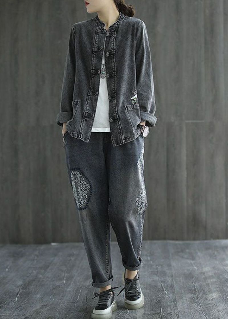 Organische Zwarte Geborduurde Patchwork Denimjassen Met Chinese Knopen Lente - Dames winterjassen