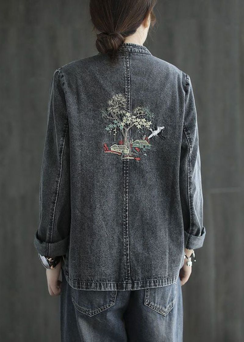 Organische Zwarte Geborduurde Patchwork Denimjassen Met Chinese Knopen Lente - Dames winterjassen