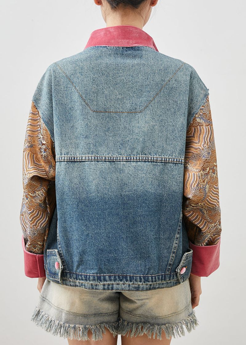 Origineel Ontwerp Blauw Oversized Patchwork Denim Jack Lente - Dames winterjassen