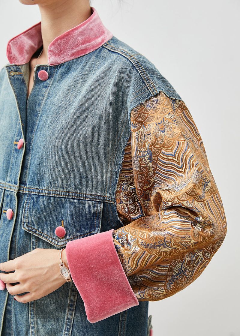 Origineel Ontwerp Blauw Oversized Patchwork Denim Jack Lente - Dames winterjassen