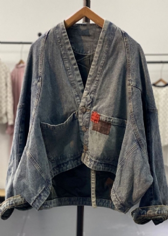 Originele Retro Blauwe Asymmetrische Denim Jassen Met Patch En Vleermuismouwen