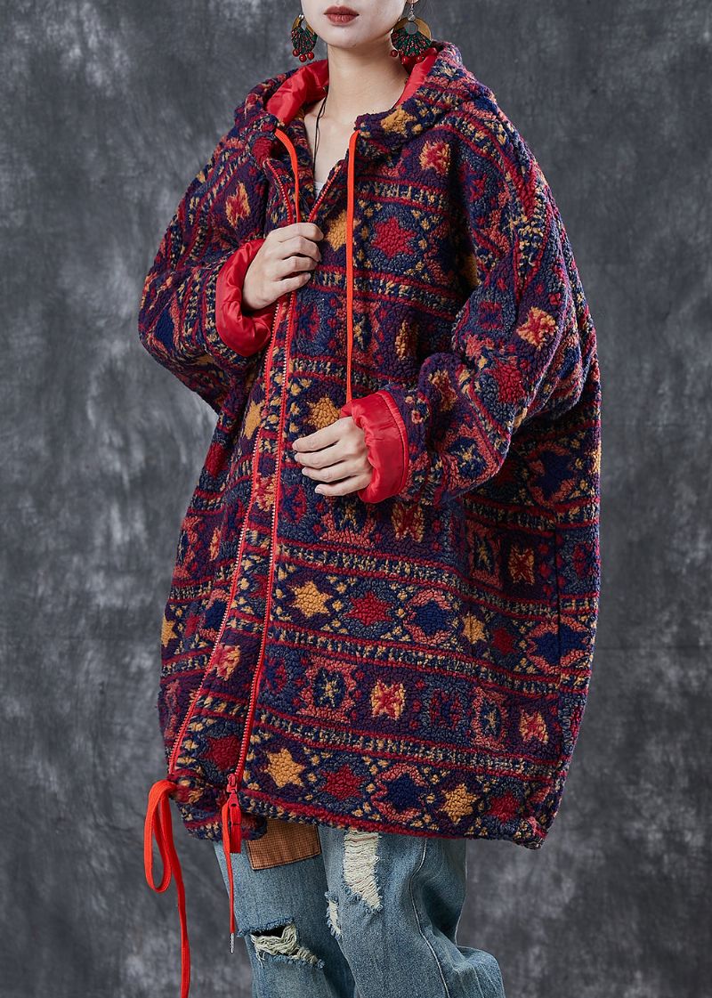 Oversized Jack Van Imitatiebont Met Paarse Print En Winterkoord Met Trekkoord - Dames winterjassen