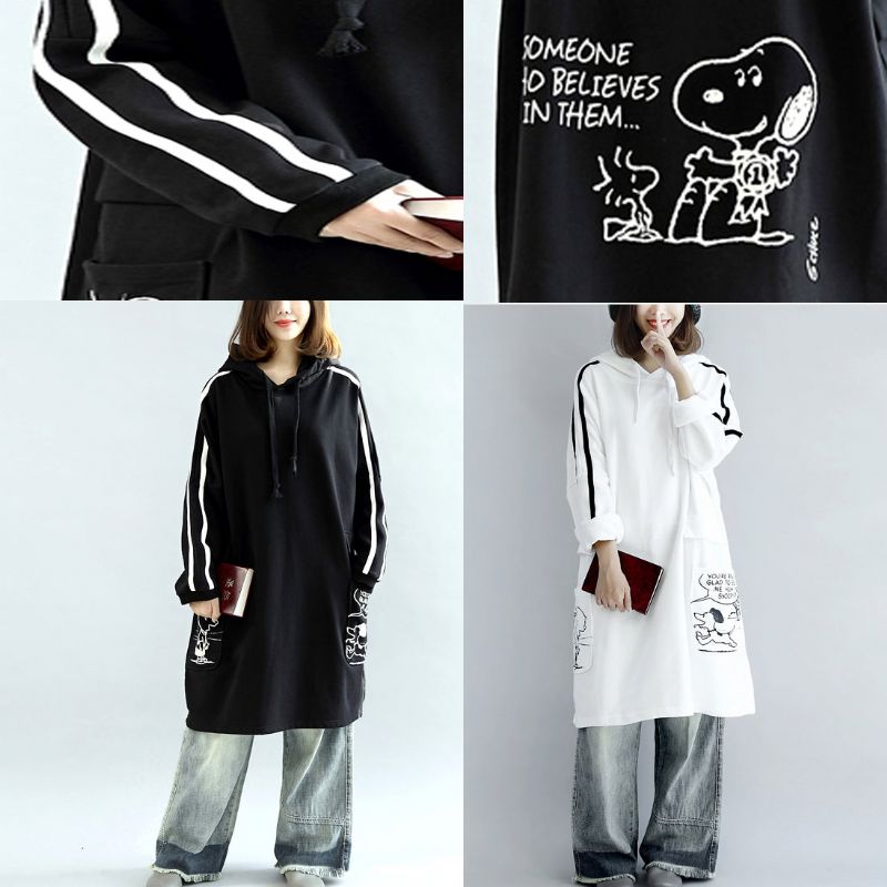 Oversized Zwarte Hoodies Katoenen Jassen Warme Trui Grote Maten Winterjurken - Zwart