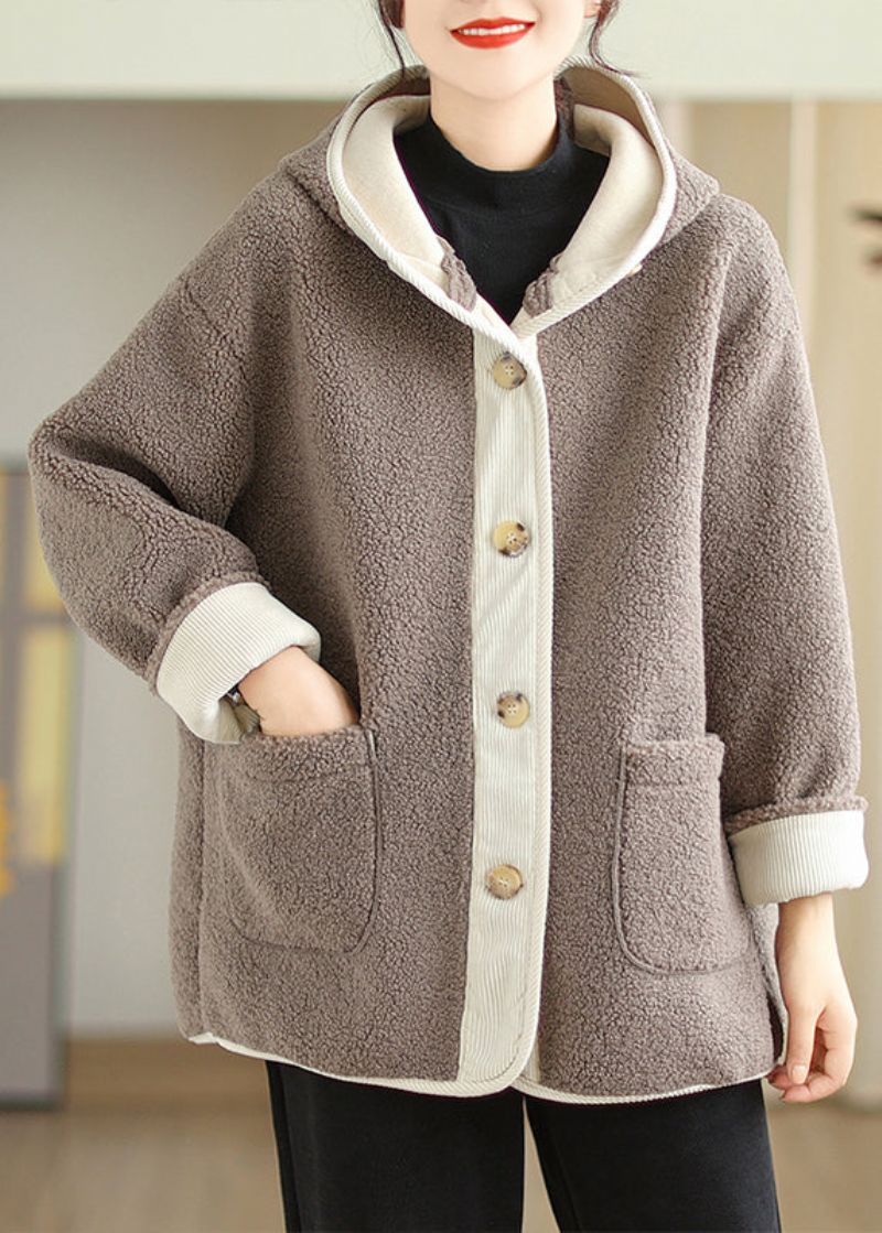 Plus Maat Abrikoos Zakken Met Capuchon Patchwork Nepbont Warme Fleece Jas Winter - Dames winterjassen