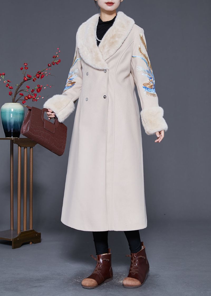 Plus Maat Beige Bontkraag Geborduurd Dubbele Borst Wollen Trenchcoat Winter - Dames winterjassen