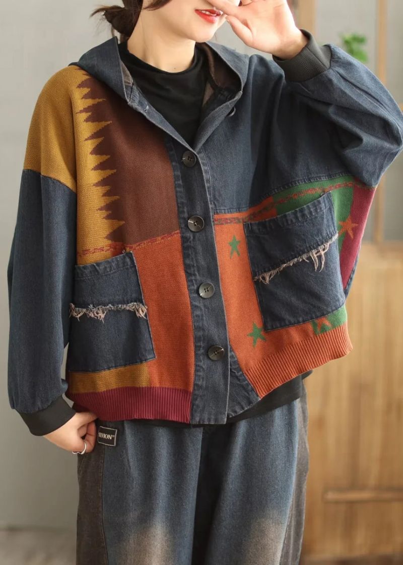 Plus Maat Blauwe Capuchon Zakken Patchwork Denim Jas Lente