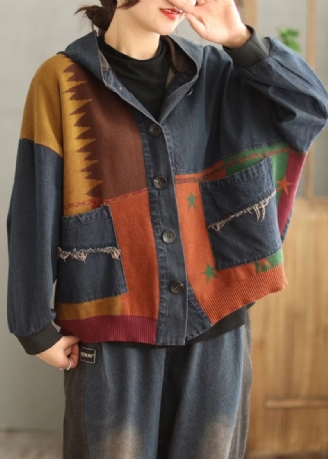 Plus Maat Blauwe Capuchon Zakken Patchwork Denim Jas Lente