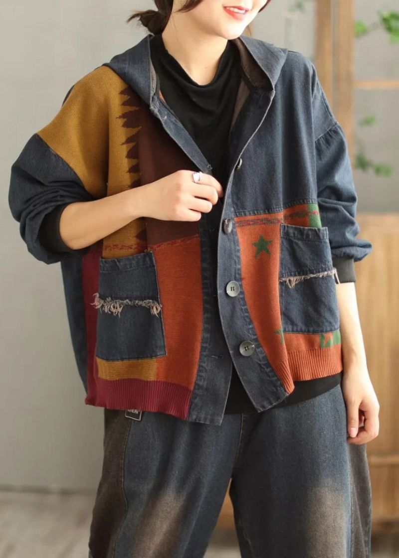 Plus Maat Blauwe Capuchon Zakken Patchwork Denim Jas Lente - Dames winterjassen