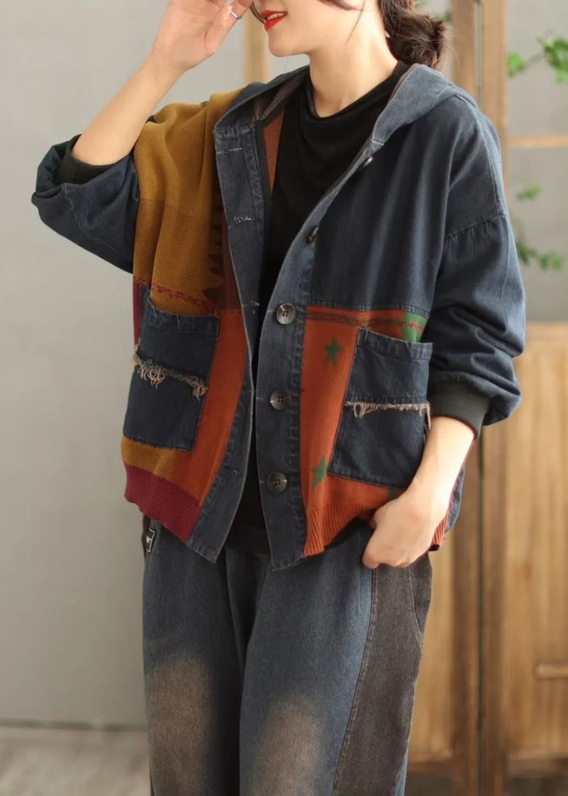 Plus Maat Blauwe Capuchon Zakken Patchwork Denim Jas Lente - Dames winterjassen