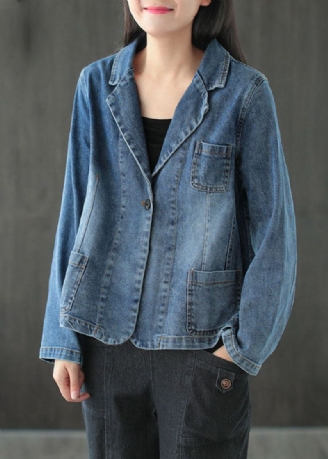 Plus Maat Blauwe Knoopzakken V-hals Denim Jassen Met Lange Mouwen