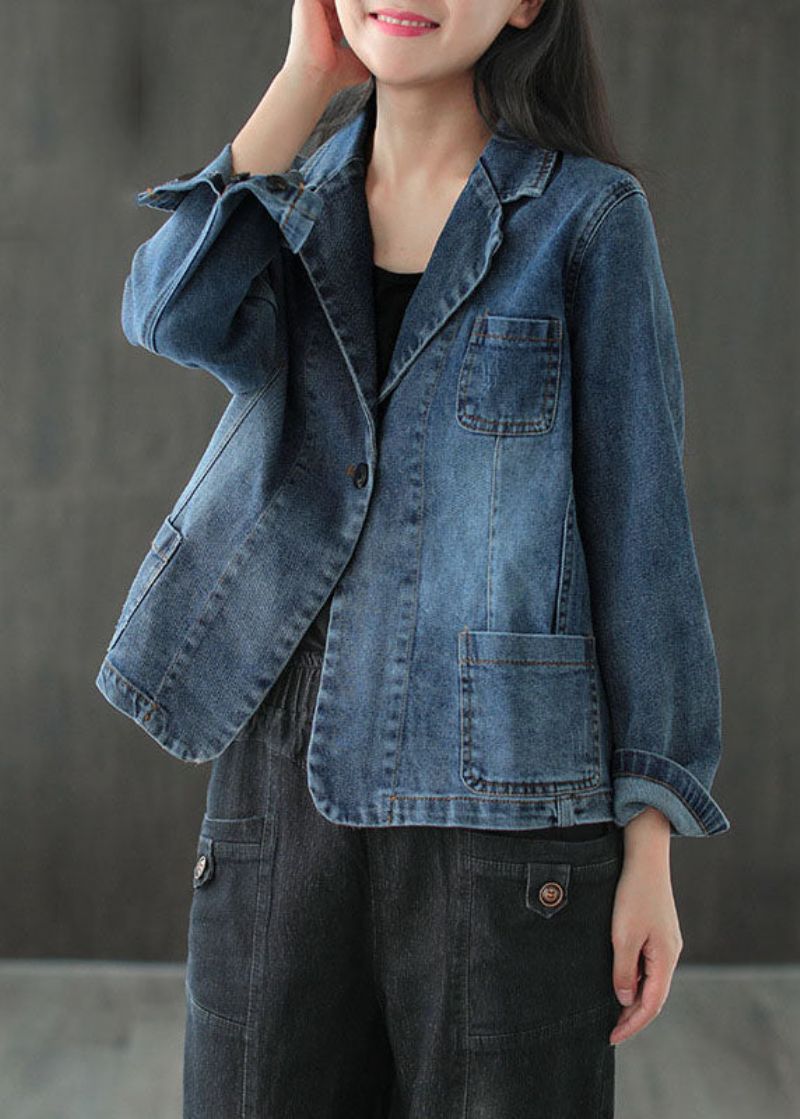 Plus Maat Blauwe Knoopzakken V-hals Denim Jassen Met Lange Mouwen - Dames winterjassen