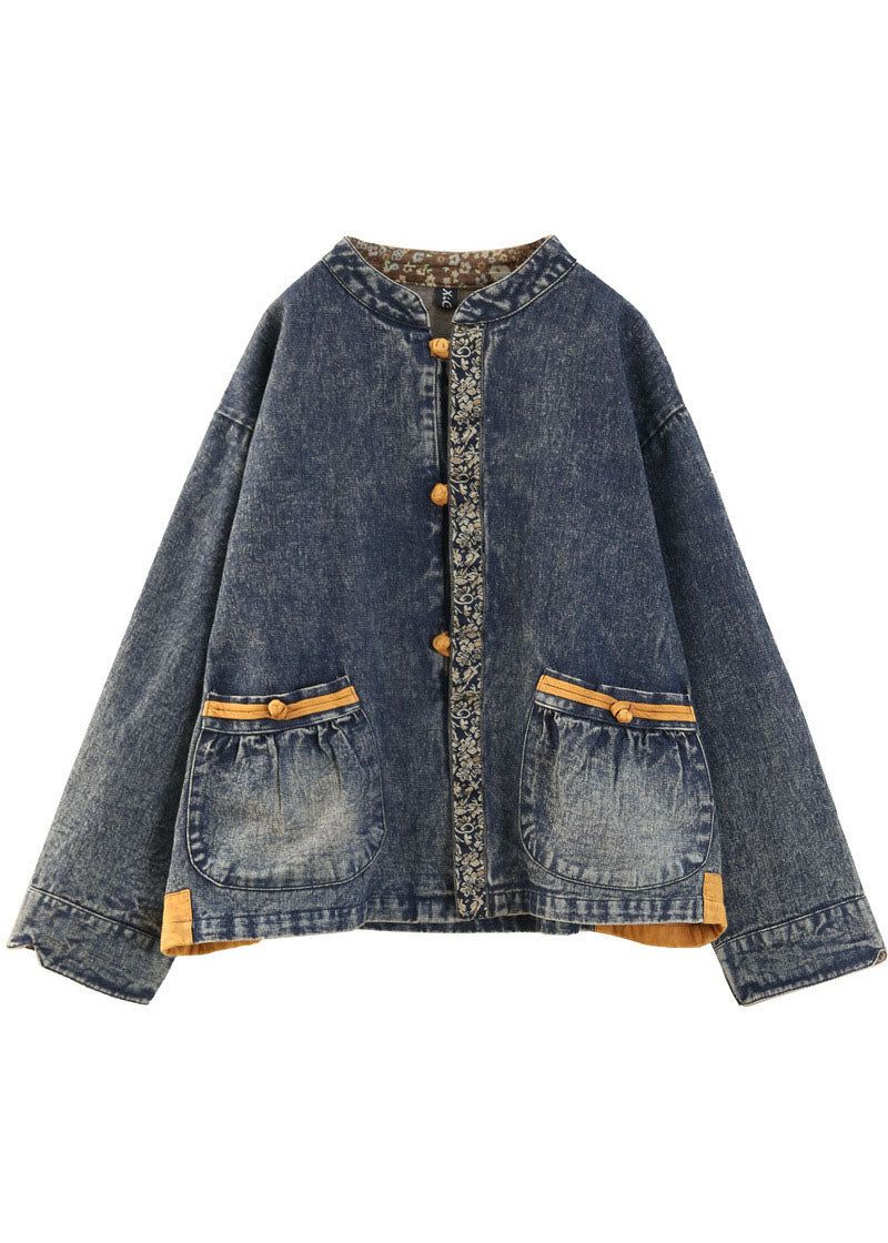 Plus Maat Blauwe Opstaande Kraag Oosterse Knoopzakken Patchwork Katoenen Denim Jas Uitloper Lange Mouw - Dames winterjassen