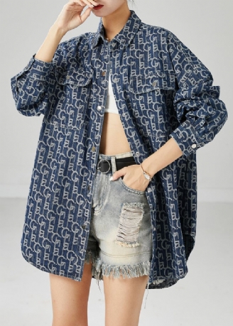 Plus Maat Blauwe Oversized Denim Jas Met Print Uitloper Herfst