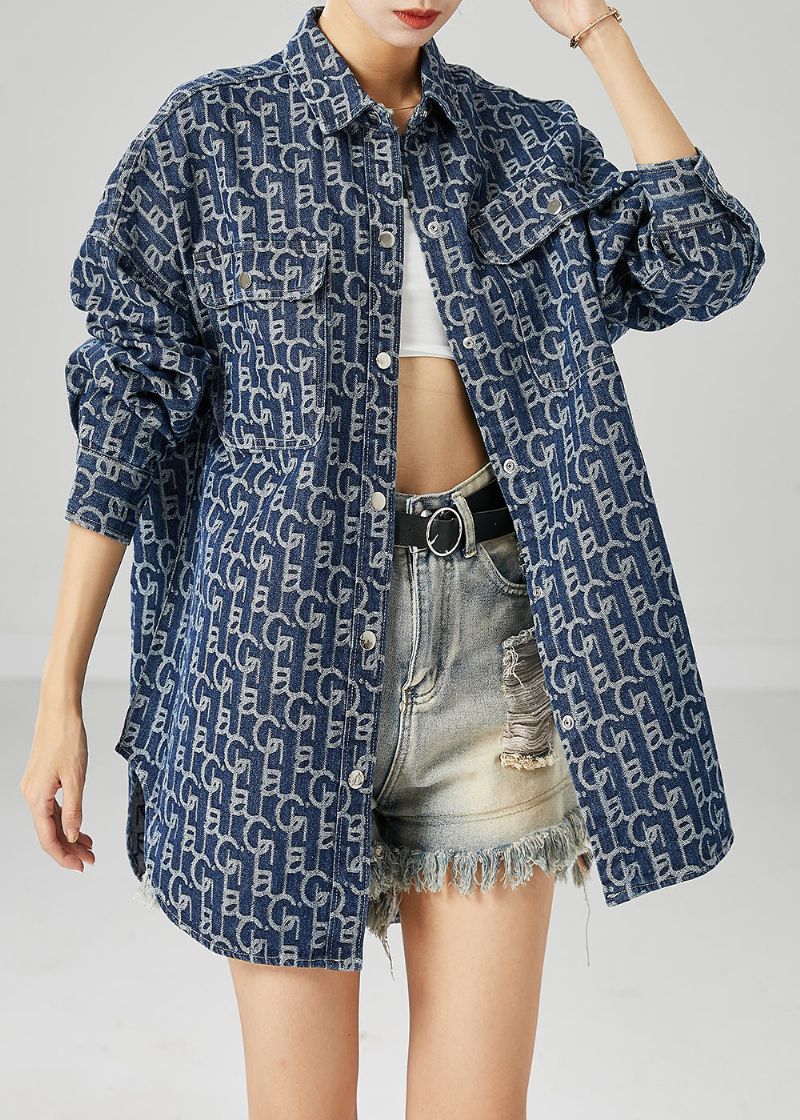 Plus Maat Blauwe Oversized Denim Jas Met Print Uitloper Herfst - Dames winterjassen