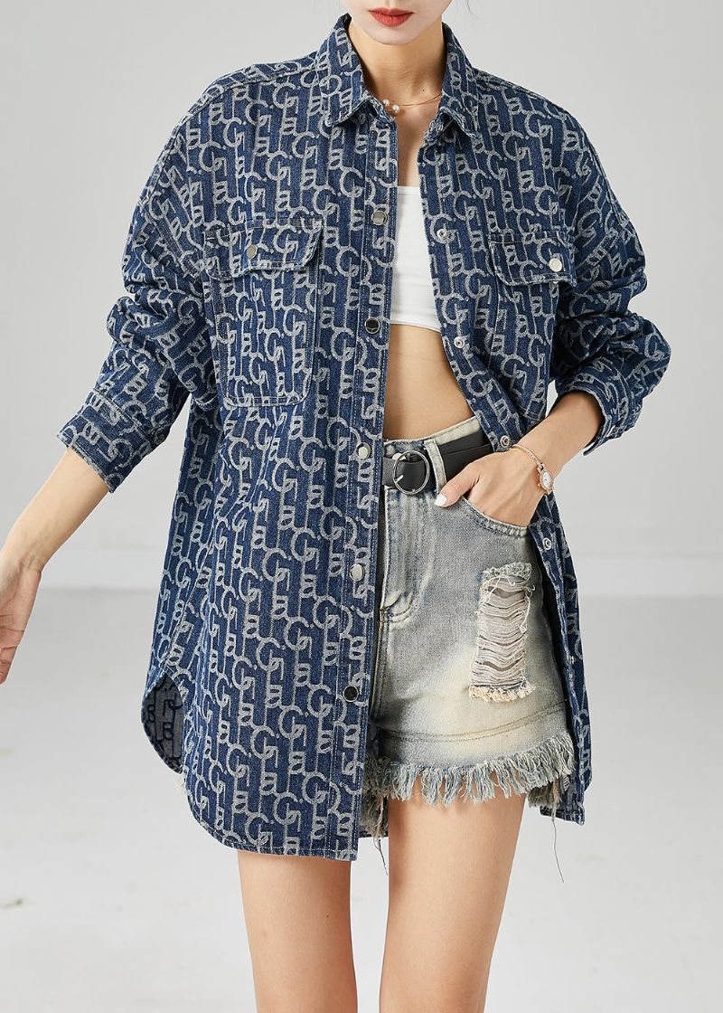 Plus Maat Blauwe Oversized Denim Jas Met Print Uitloper Herfst - Dames winterjassen