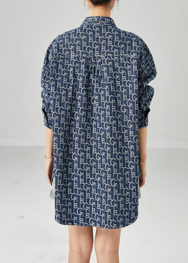 Plus Maat Blauwe Oversized Denim Jas Met Print Uitloper Herfst - Dames winterjassen