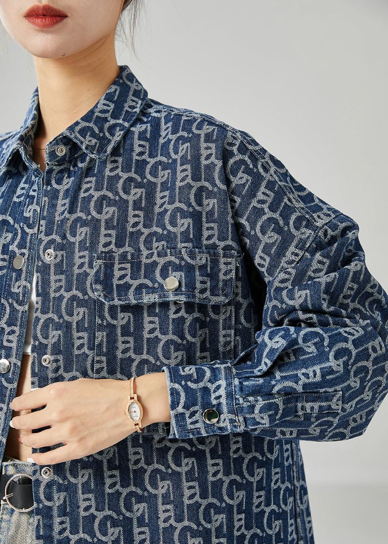 Plus Maat Blauwe Oversized Denim Jas Met Print Uitloper Herfst - Dames winterjassen