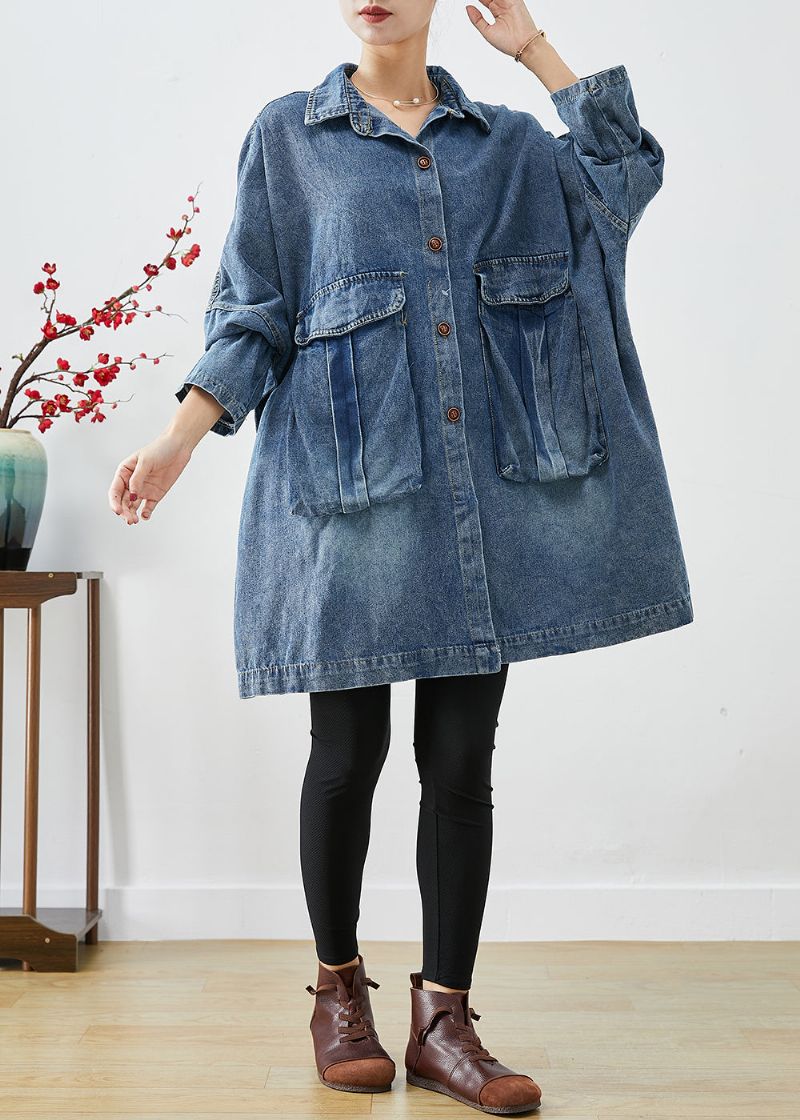 Plus Maat Blauwe Oversized Denimjassen Met Grote Zakken Herfst