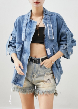 Plus Maat Blauwe Oversized Zakken Denim Jas Herfst