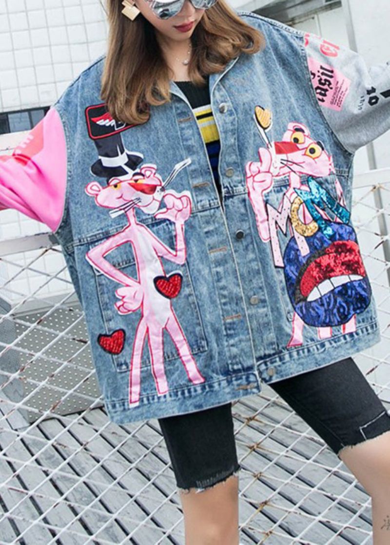 Plus Maat Blauwe Peter Pan Kraag Roze Luipaardprint Patchwork Pailletten Knoop Denim Jas Lange Mouw - Dames winterjassen