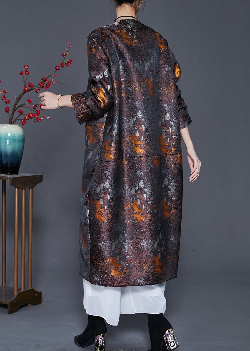 Plus Maat Bruine Oversized Print Katoen Gevulde Zijden Jas Uitloper Lente - Dames winterjassen