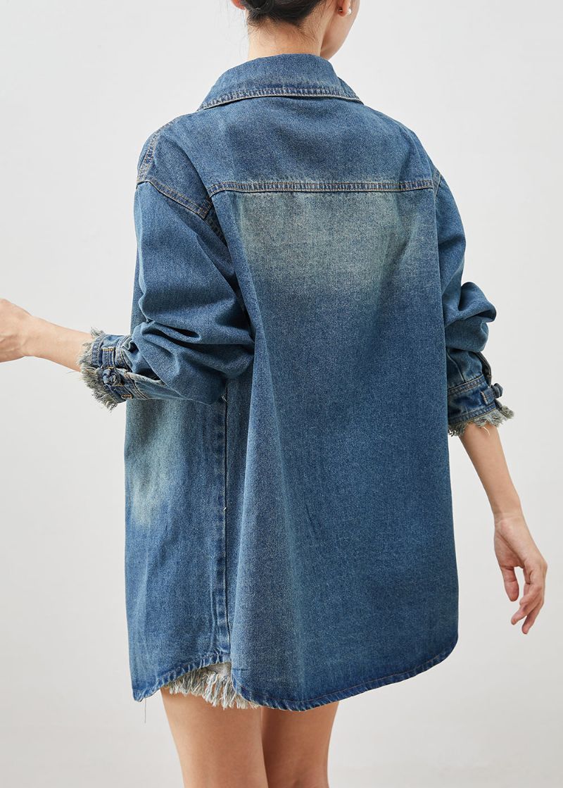 Plus Maat Denim Blauw Chinese Knoop Katoenen Jas Uitloper Lente - Dames winterjassen