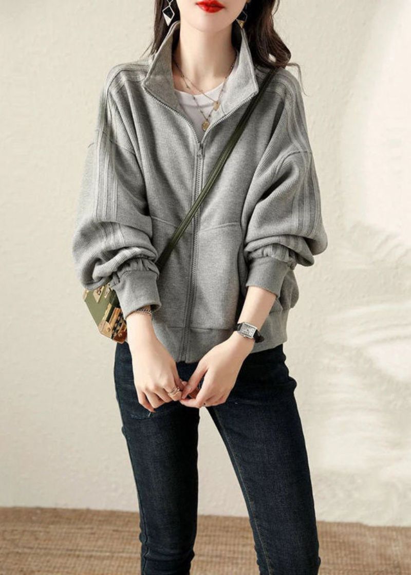 Plus Maat Grijze Oversized Katoenen Sweatshirtjas Herfst - Dames winterjassen