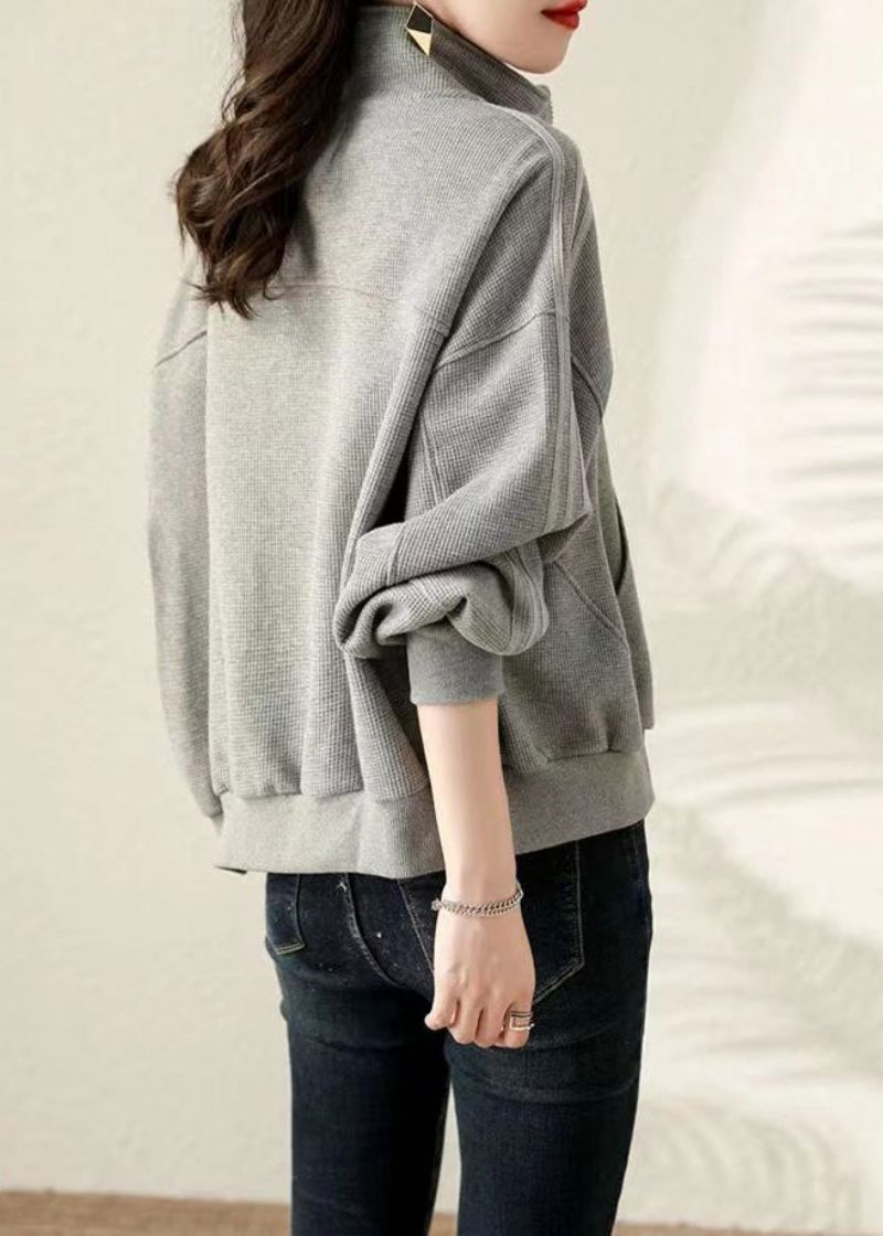 Plus Maat Grijze Oversized Katoenen Sweatshirtjas Herfst - Dames winterjassen