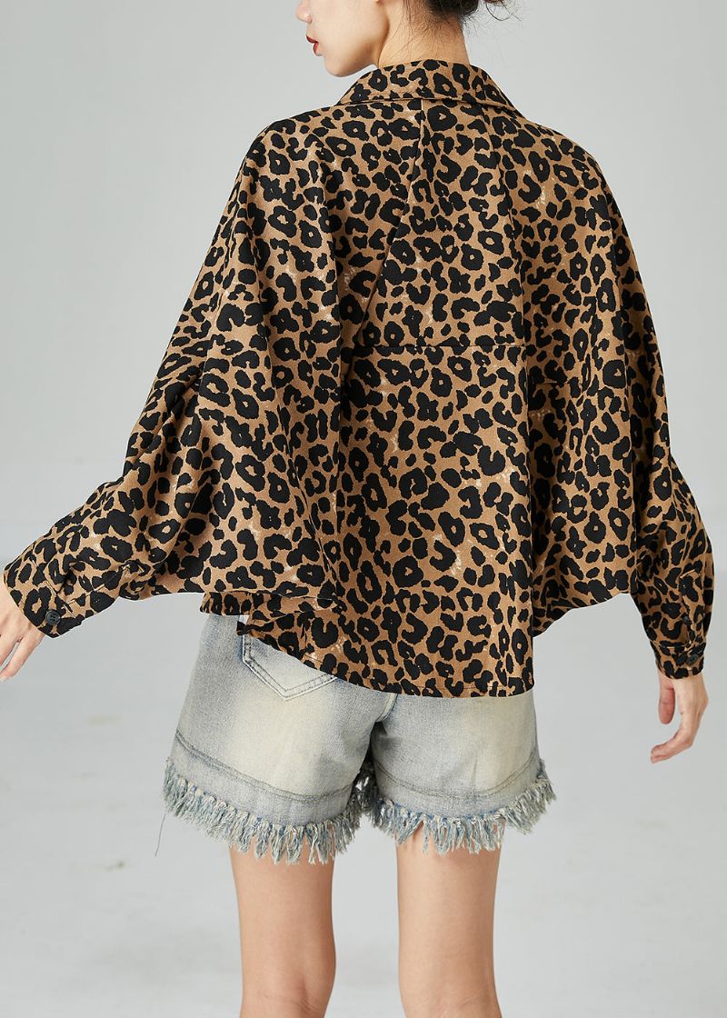 Plus Maat Kaki Oversized Katoenen Jas Met Luipaardprint Vleermuismouw - Dames winterjassen