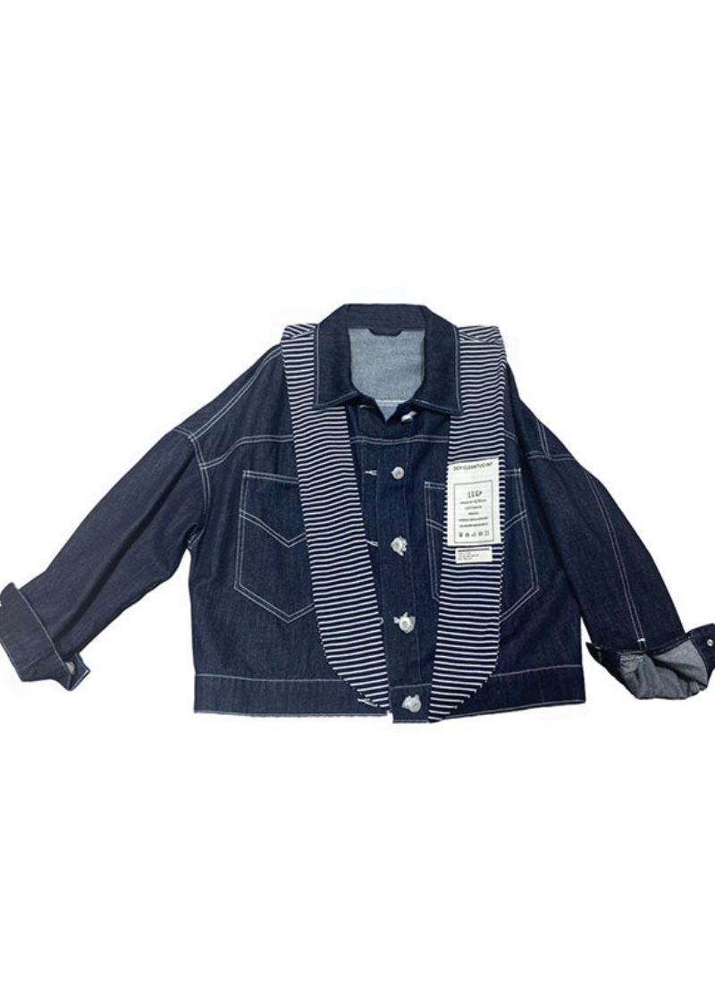 Plus Maat Marineblauwe Zakken Knopen Patchwork Herfst Denim Jas Met Lange Mouwen - Marine