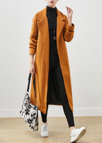 Plus Maat Oranje Oversized Wollen Jas Met Strikband Lente