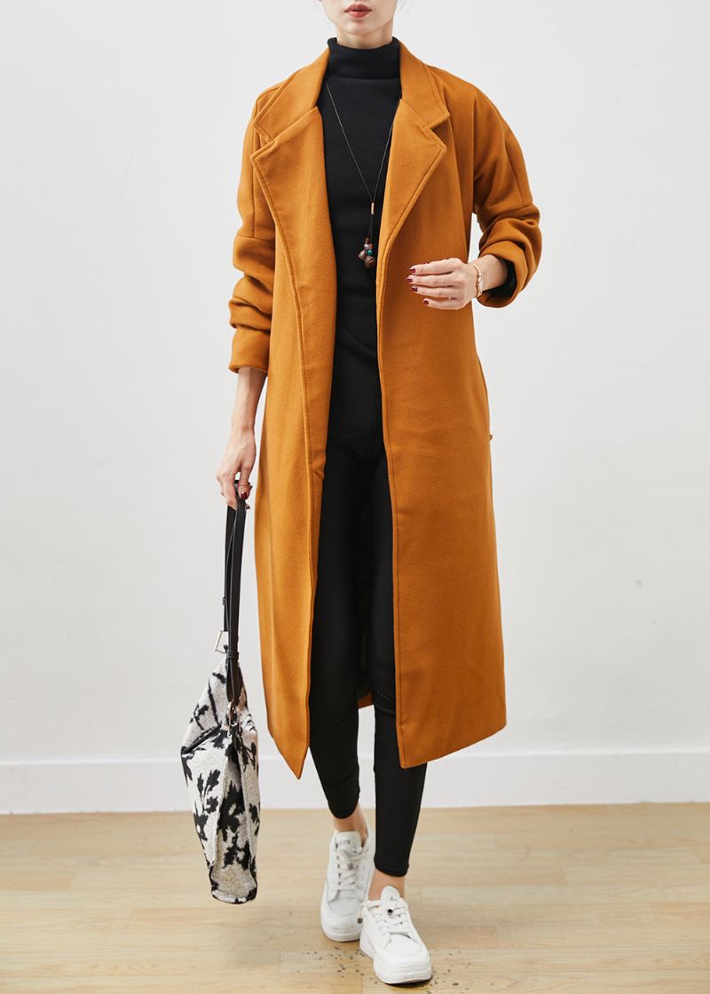 Plus Maat Oranje Oversized Wollen Jas Met Strikband Lente - Dames winterjassen