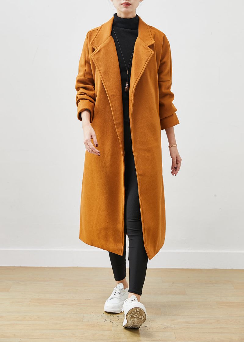 Plus Maat Oranje Oversized Wollen Jas Met Strikband Lente - Dames winterjassen