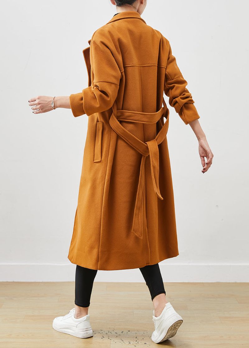 Plus Maat Oranje Oversized Wollen Jas Met Strikband Lente - Dames winterjassen