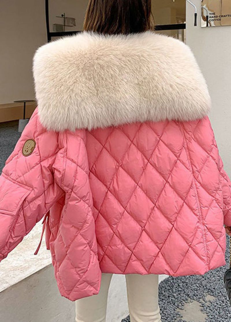 Plus Maat Roze Bontkraag Zakken Geruite Patchwork Parka Met Lange Mouwen - Roze