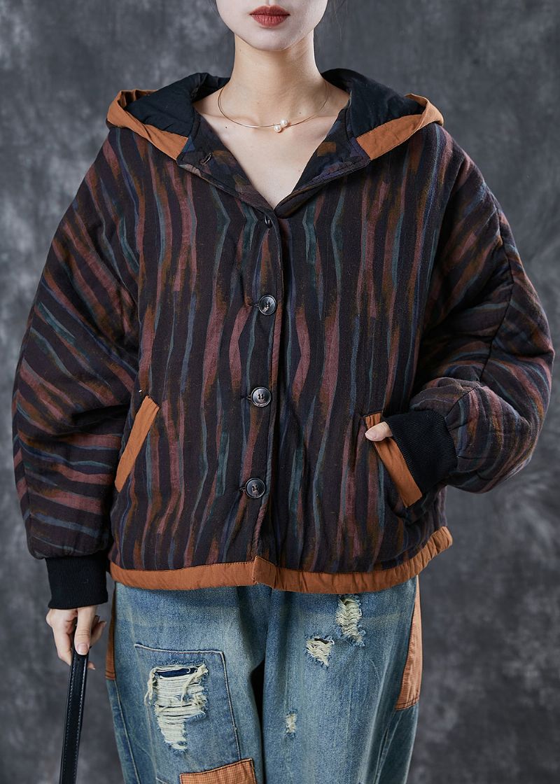 Plus Maat Zwart Oversized Gestreept Fijn Katoenen Gevuld Jack Lente - Dames winterjassen