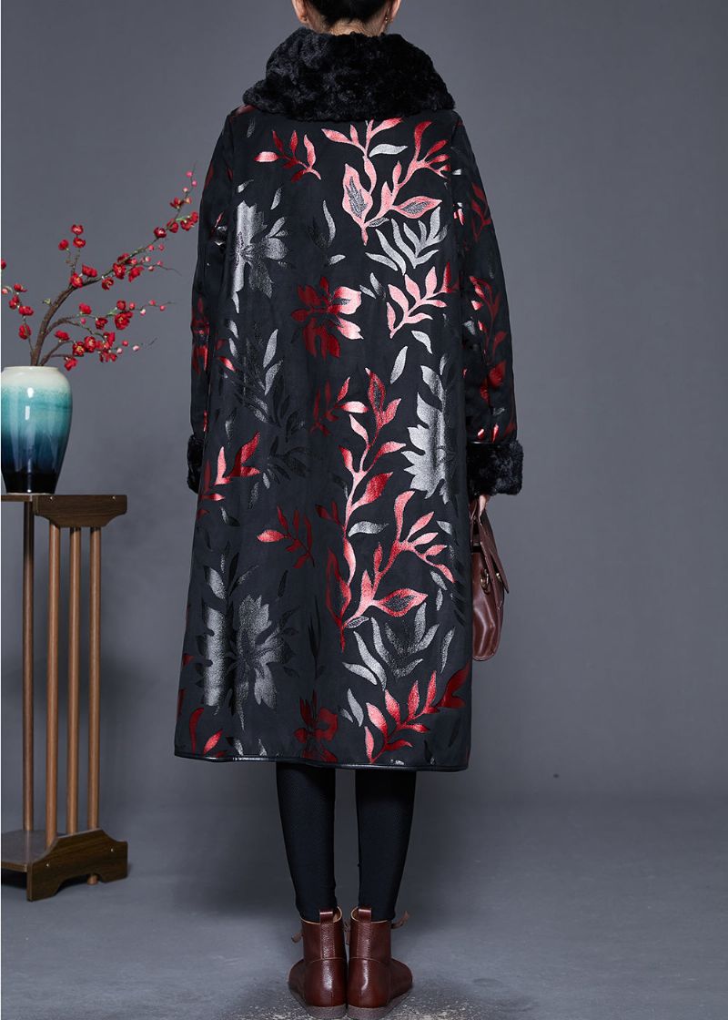 Plus Maat Zwarte Bontkraagprint Warme Fleecejassen Winter - Dames winterjassen