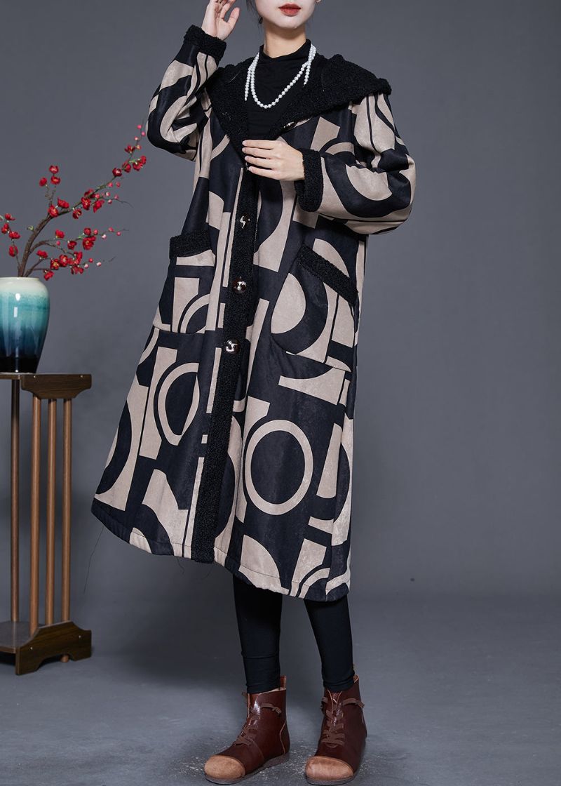 Plus Maat Zwarte Capuchon Print Fleece Wol Gevoerde Trenchcoat Winter - Dames winterjassen