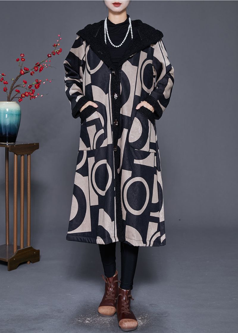 Plus Maat Zwarte Capuchon Print Fleece Wol Gevoerde Trenchcoat Winter - Dames winterjassen