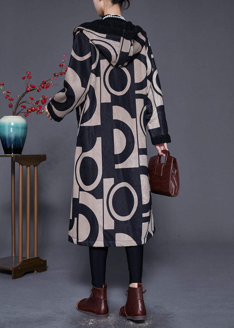 Plus Maat Zwarte Capuchon Print Fleece Wol Gevoerde Trenchcoat Winter - Dames winterjassen