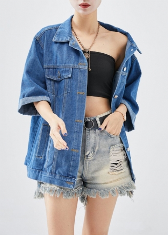 Plus Size Denim Blauwe Oversized Katoenen Jassen Met Halve Mouw