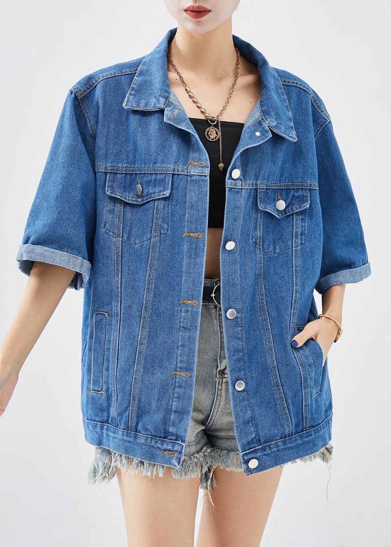 Plus Size Denim Blauwe Oversized Katoenen Jassen Met Halve Mouw - Dames winterjassen