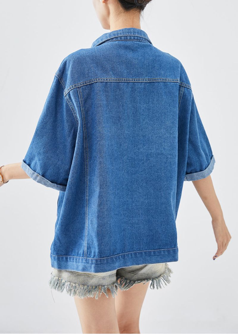 Plus Size Denim Blauwe Oversized Katoenen Jassen Met Halve Mouw - Dames winterjassen