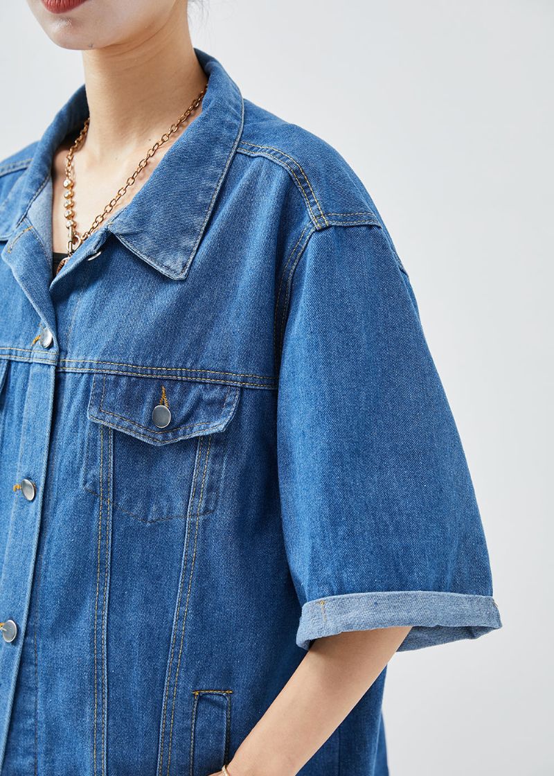 Plus Size Denim Blauwe Oversized Katoenen Jassen Met Halve Mouw - Dames winterjassen