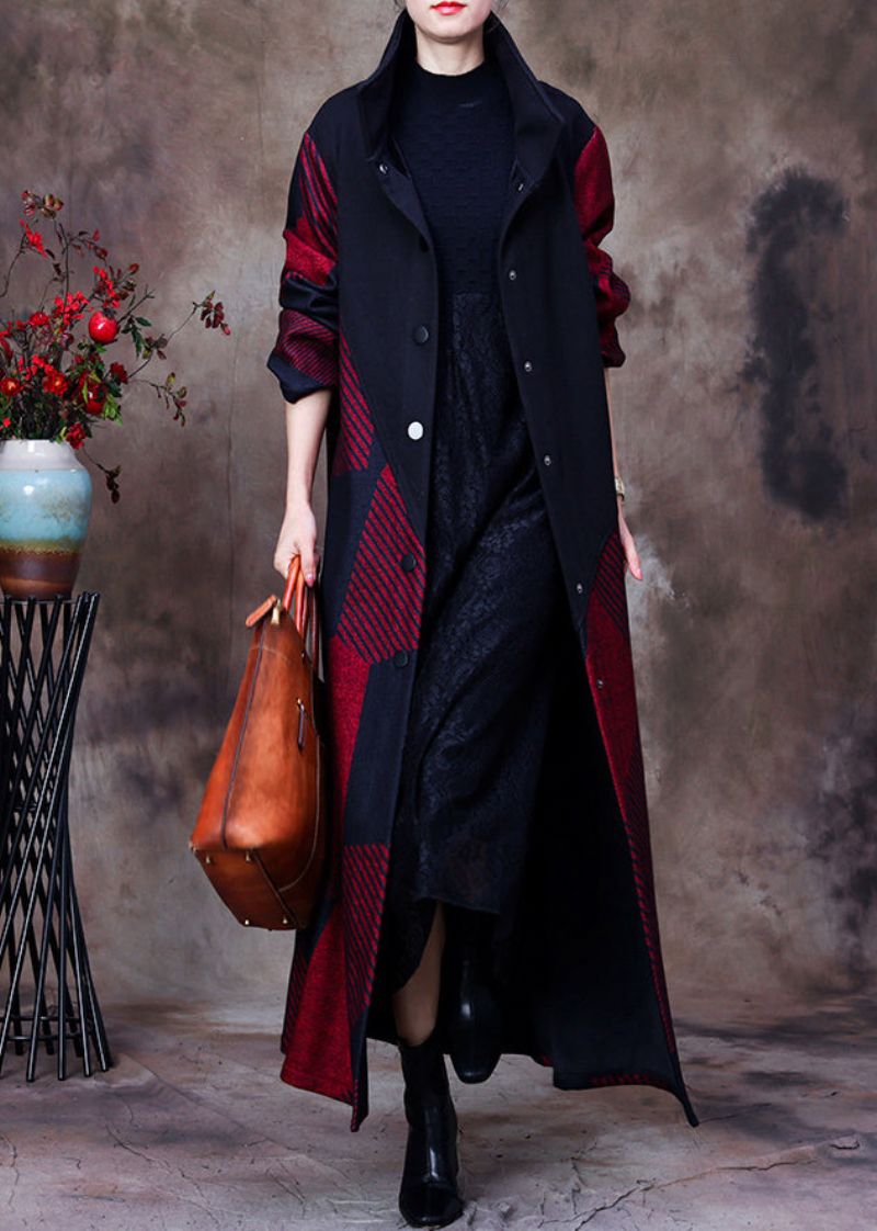 Plus Size Mulberry Opstaande Kraag Asymmetrische Patchwork Knoop Wollen Maxi-jas Met Lange Mouwen - Moerbei