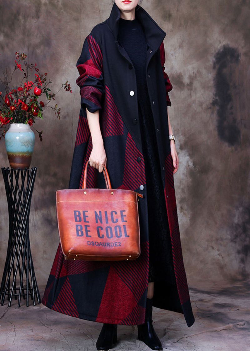 Plus Size Mulberry Opstaande Kraag Asymmetrische Patchwork Knoop Wollen Maxi-jas Met Lange Mouwen - Moerbei