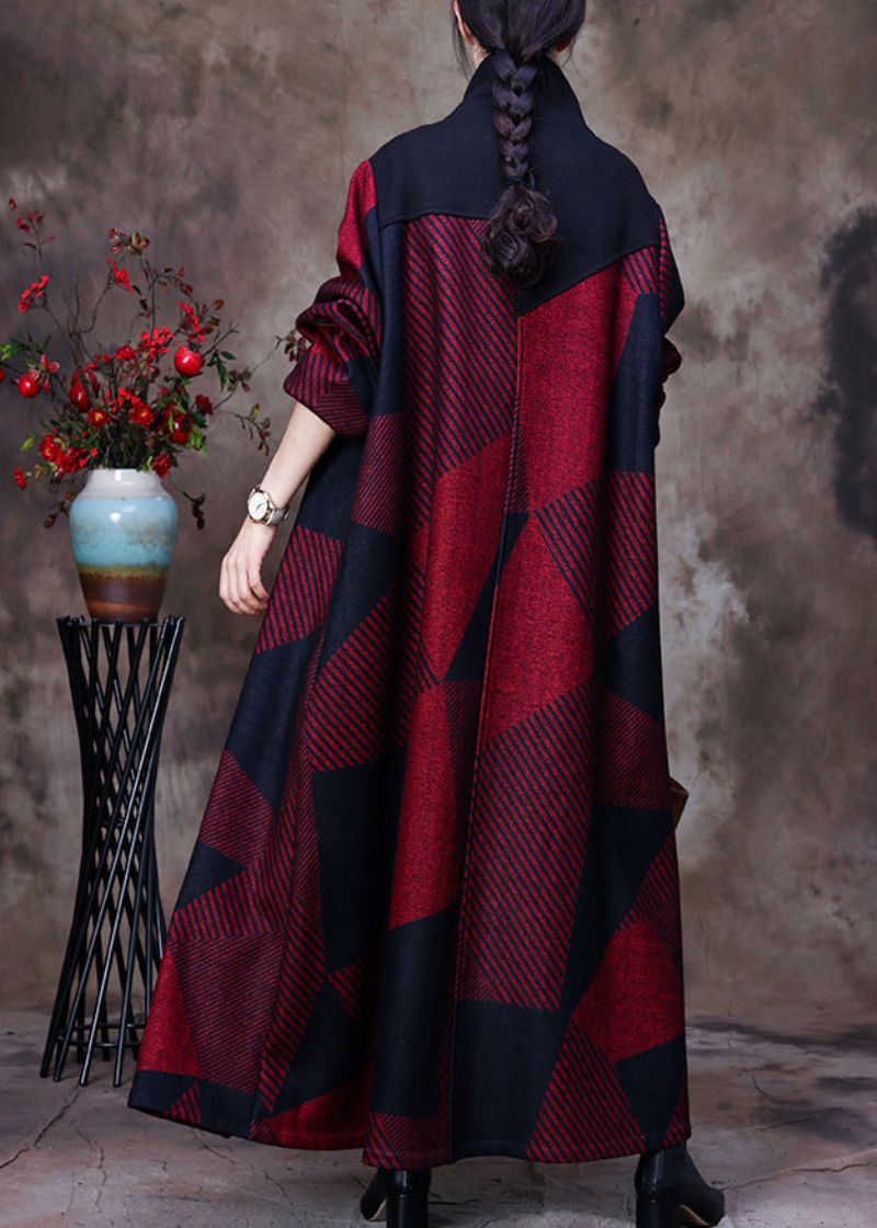 Plus Size Mulberry Opstaande Kraag Asymmetrische Patchwork Knoop Wollen Maxi-jas Met Lange Mouwen - Moerbei