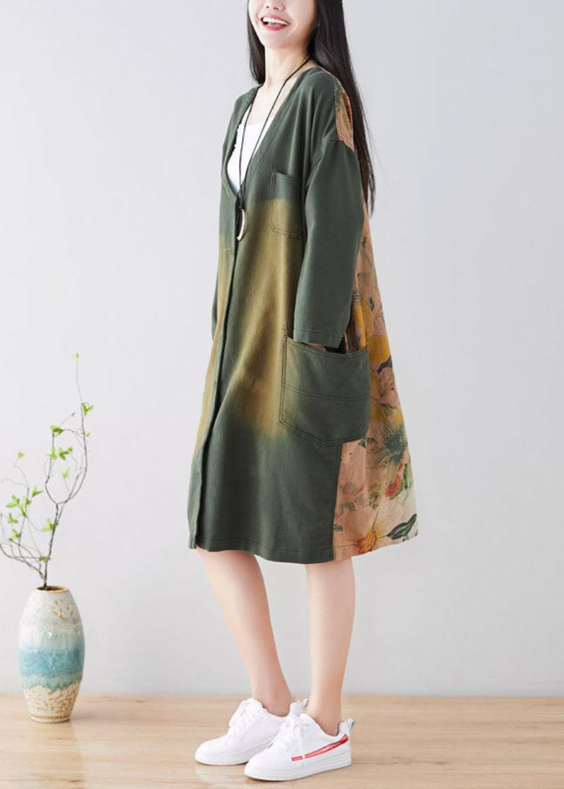 Plus Size Stijlvolle Jas Met Groene Knopenprint Lente - Blauw