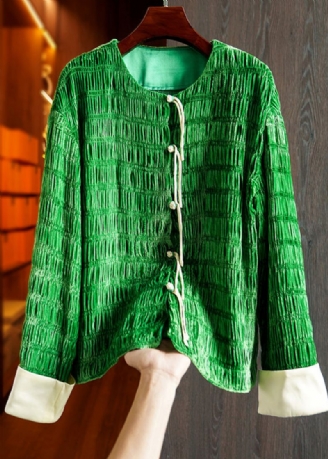 Retro Groene Kwastjes Gerimpelde Patchwork Zijden Velours Jassen Herfst