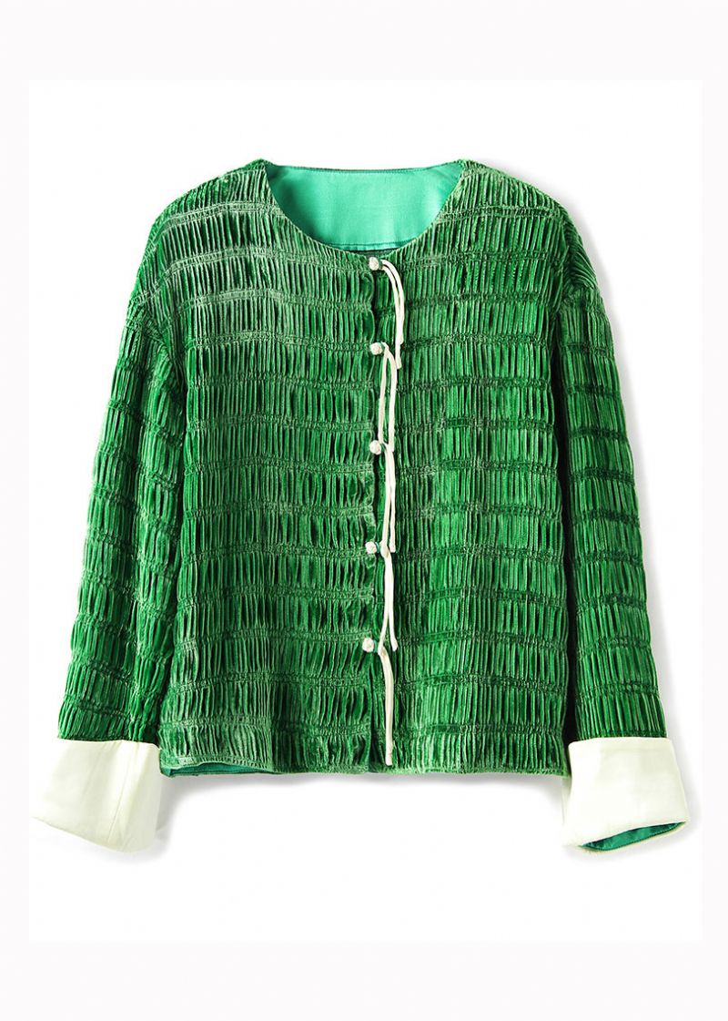 Retro Groene Kwastjes Gerimpelde Patchwork Zijden Velours Jassen Herfst - Dames winterjassen